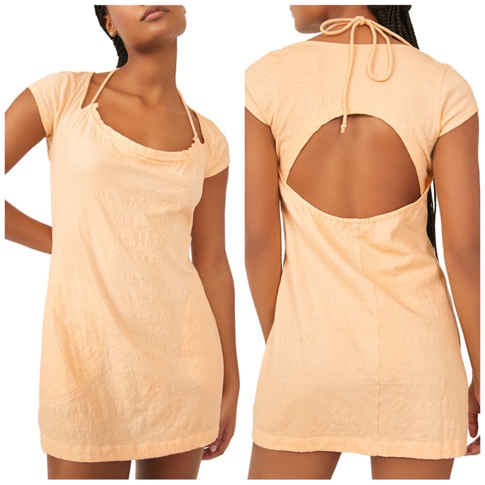 NWT Medium Free People Vivi Open Back Stretch Cotton Dress Peach Sunrise